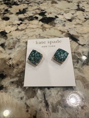 kate spade teal glitter square stud earrings with gold-tone settings